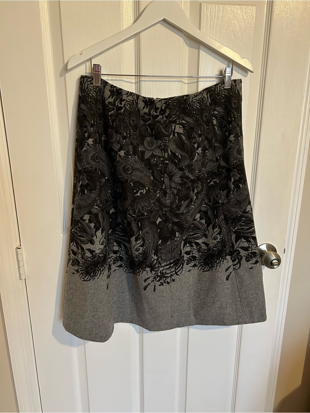 Talbots Gray A-Line Skirt with Black Floral Peacock Feather Overlay Wool Blend